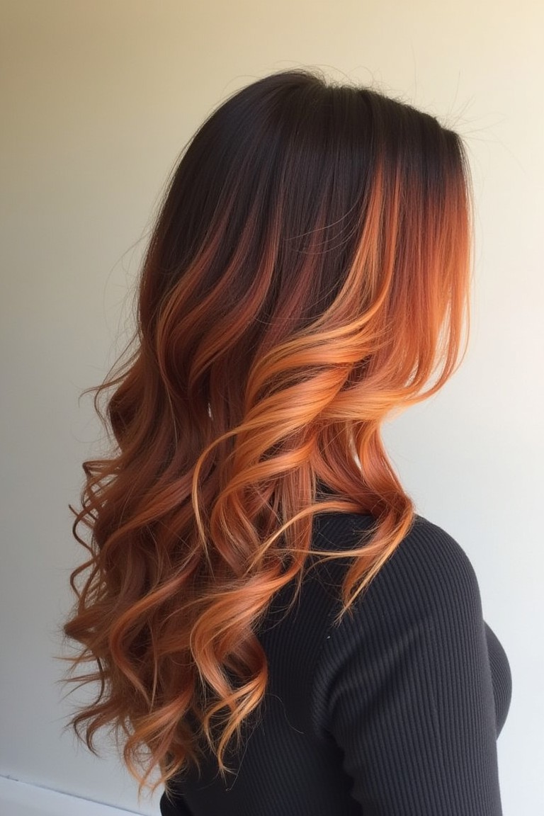 Fiery copper ombre on long bouncy curls