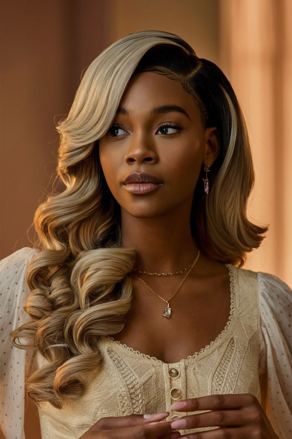 Vintage Hollywood waves with side-swept bangs