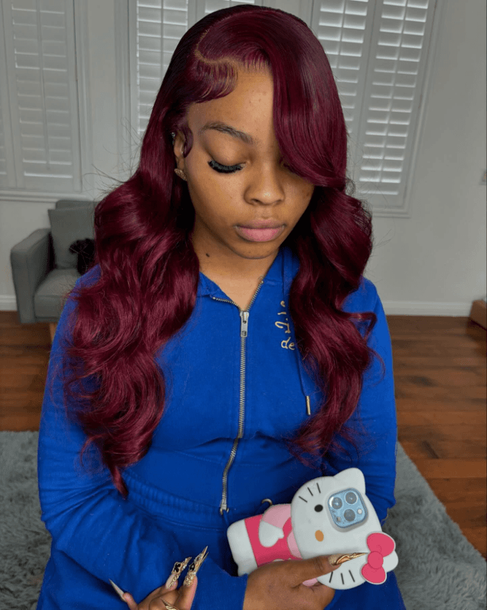 Rich burgundy waves with sleek finish