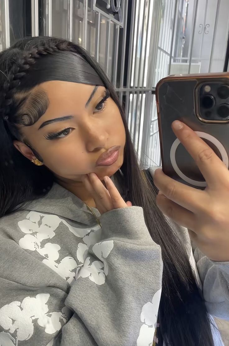 Sleek braided bangs with long hair