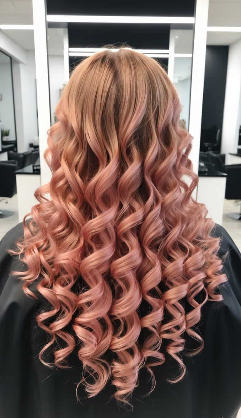 Voluminous rose gold curls with shine