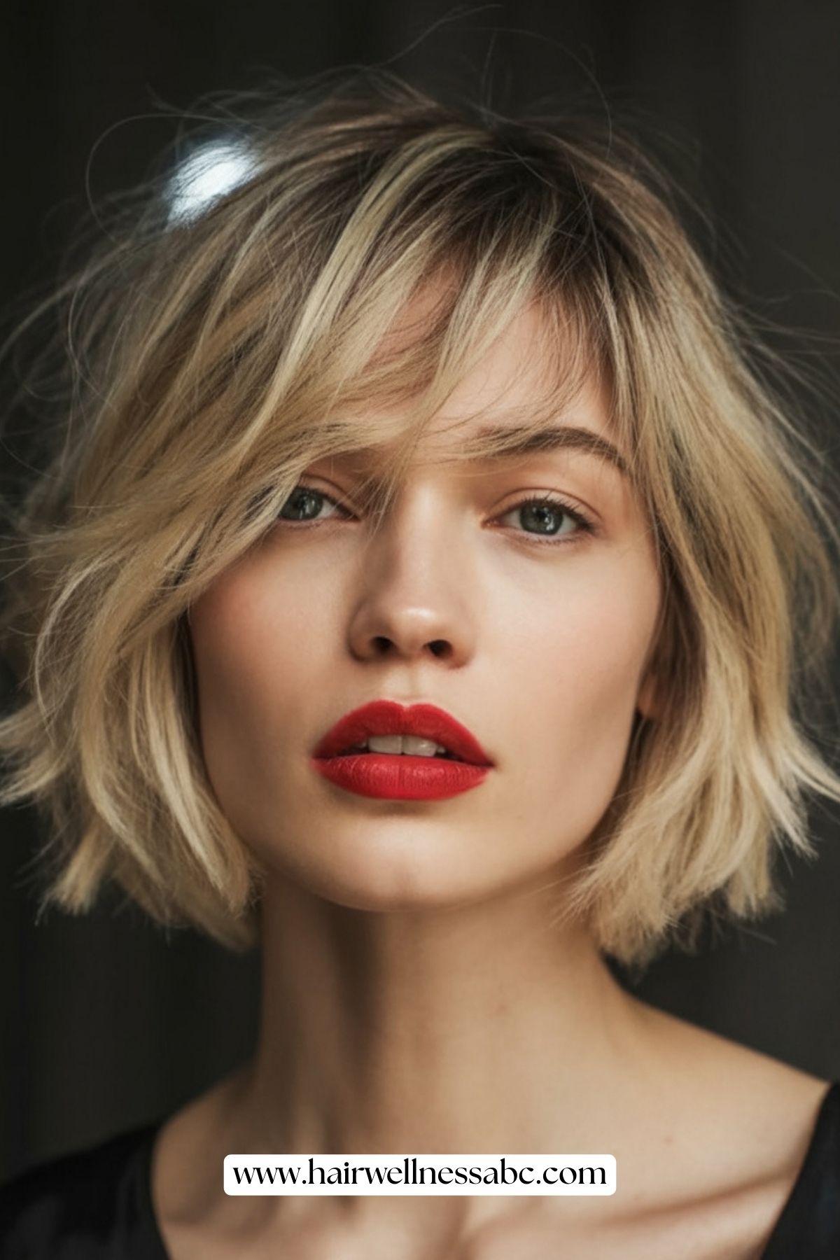 Effortless tousled short blonde bob with bangs