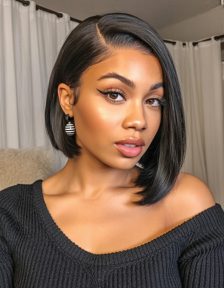 Sleek side-parted bob with glossy finish