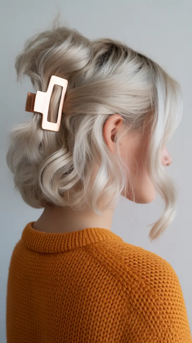 Playful blonde bob with stylish hair clip