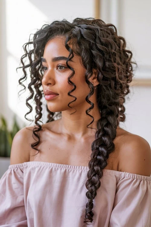 Curly hair with a braid, elegant and romantic