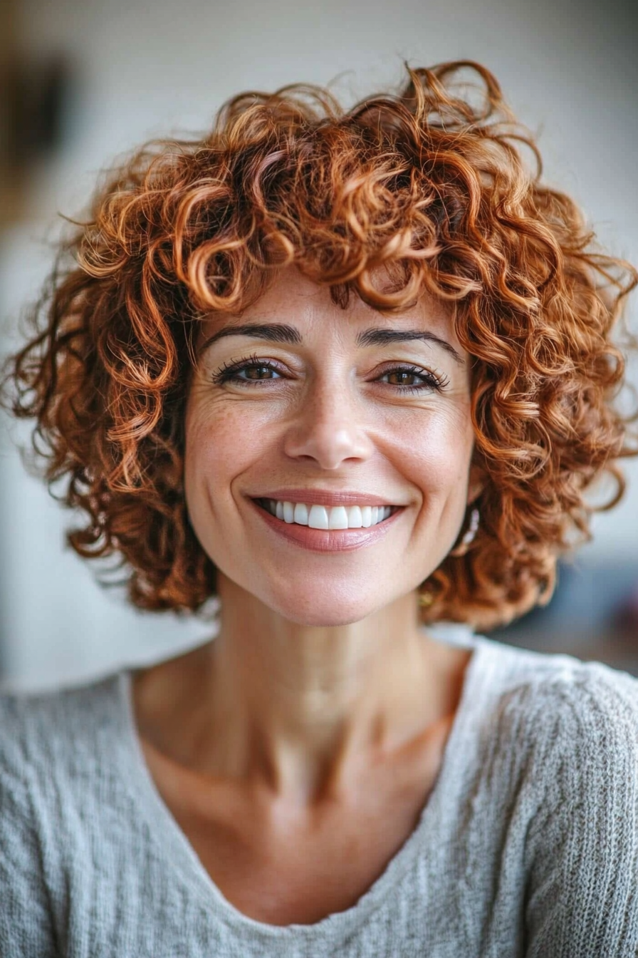 Copper curly bob, vibrant and textured