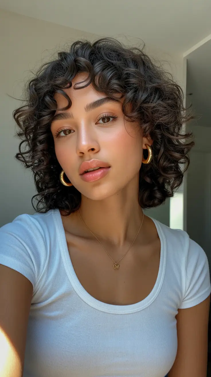 Curly bob with bangs, playful and modern