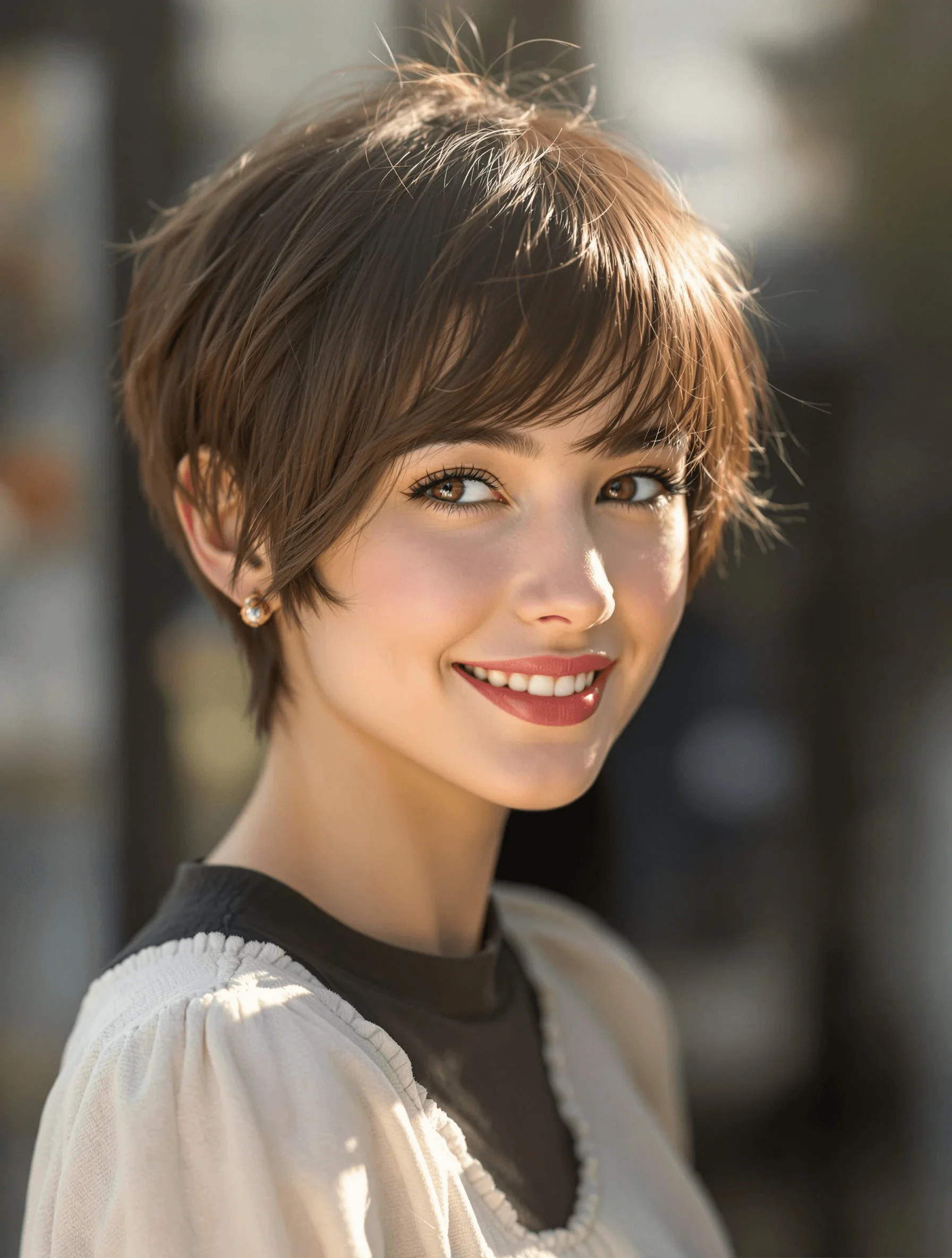 Soft pixie cut with side bangs, chic and modern