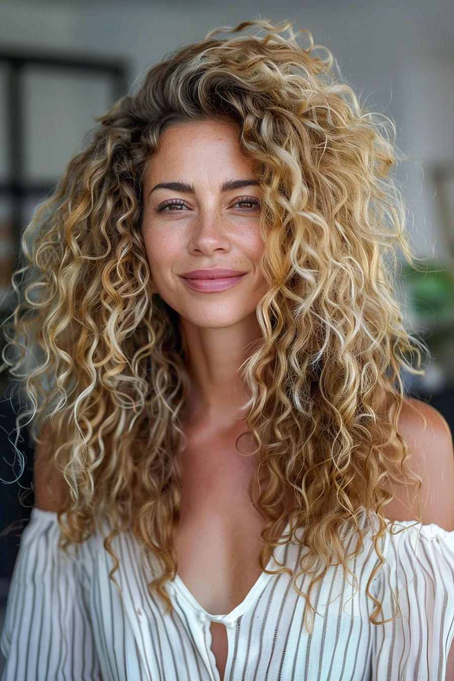 Voluminous golden curls, lively and radiant