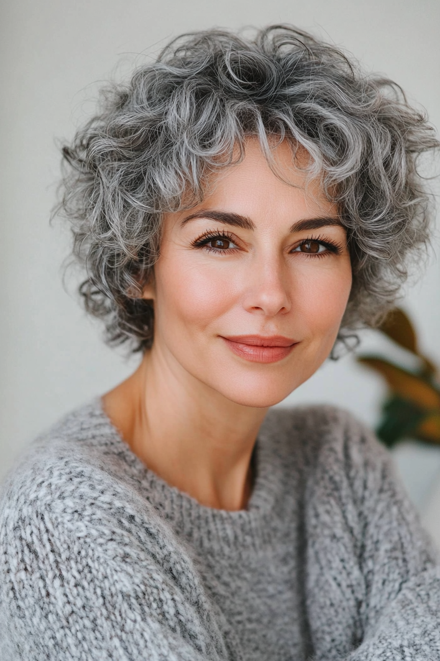 Grey curly pixie, modern and chic