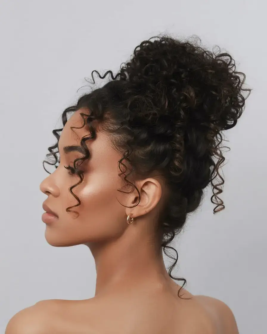 Curly high bun, elegant and sophisticated