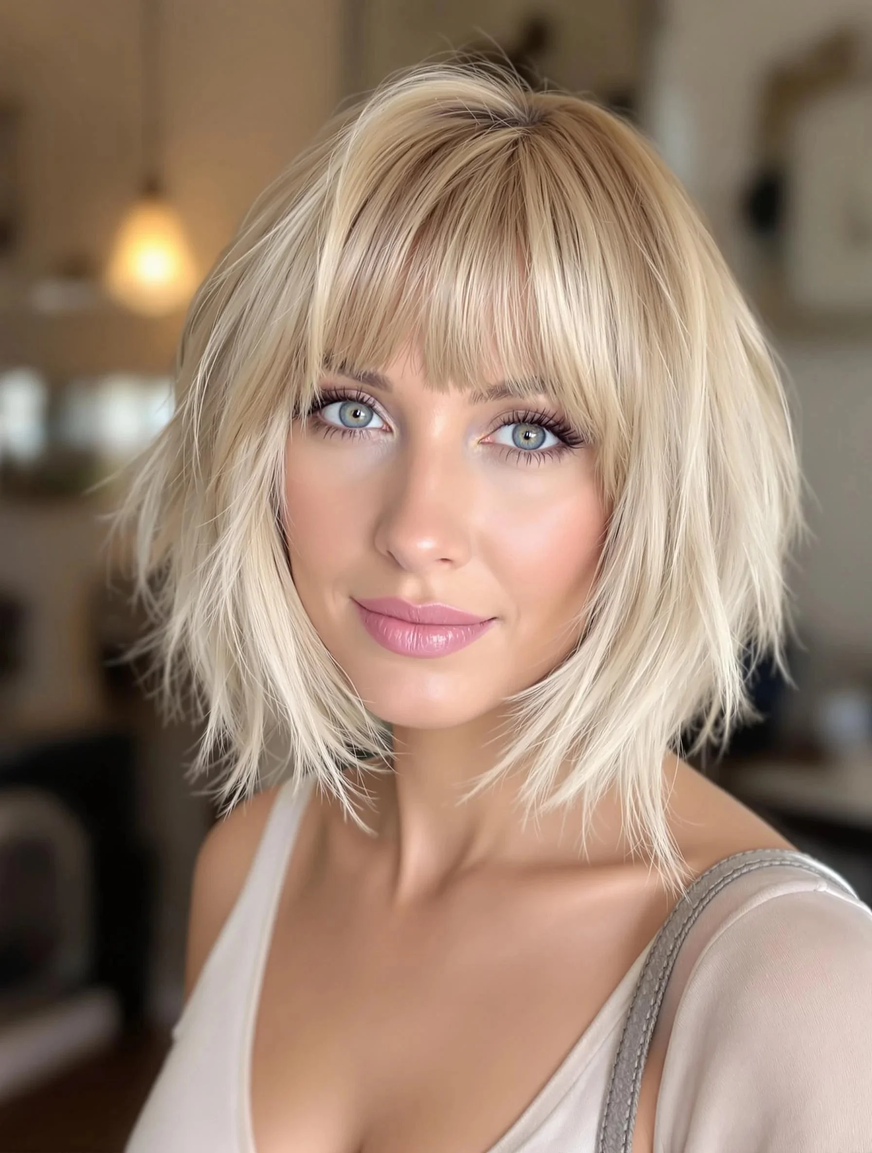 Choppy blonde bob with fringe and texture