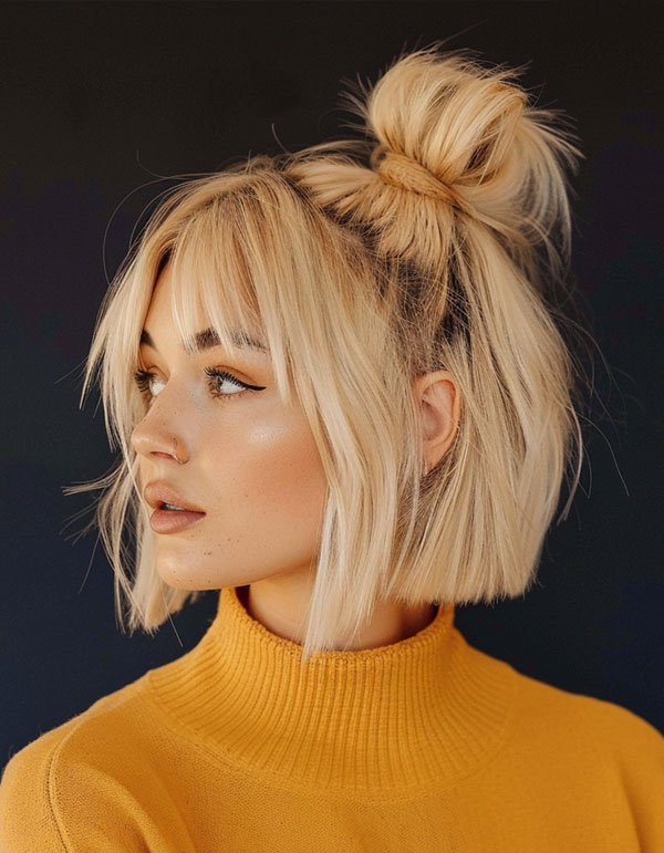 Chic bob with wispy bangs and topknot