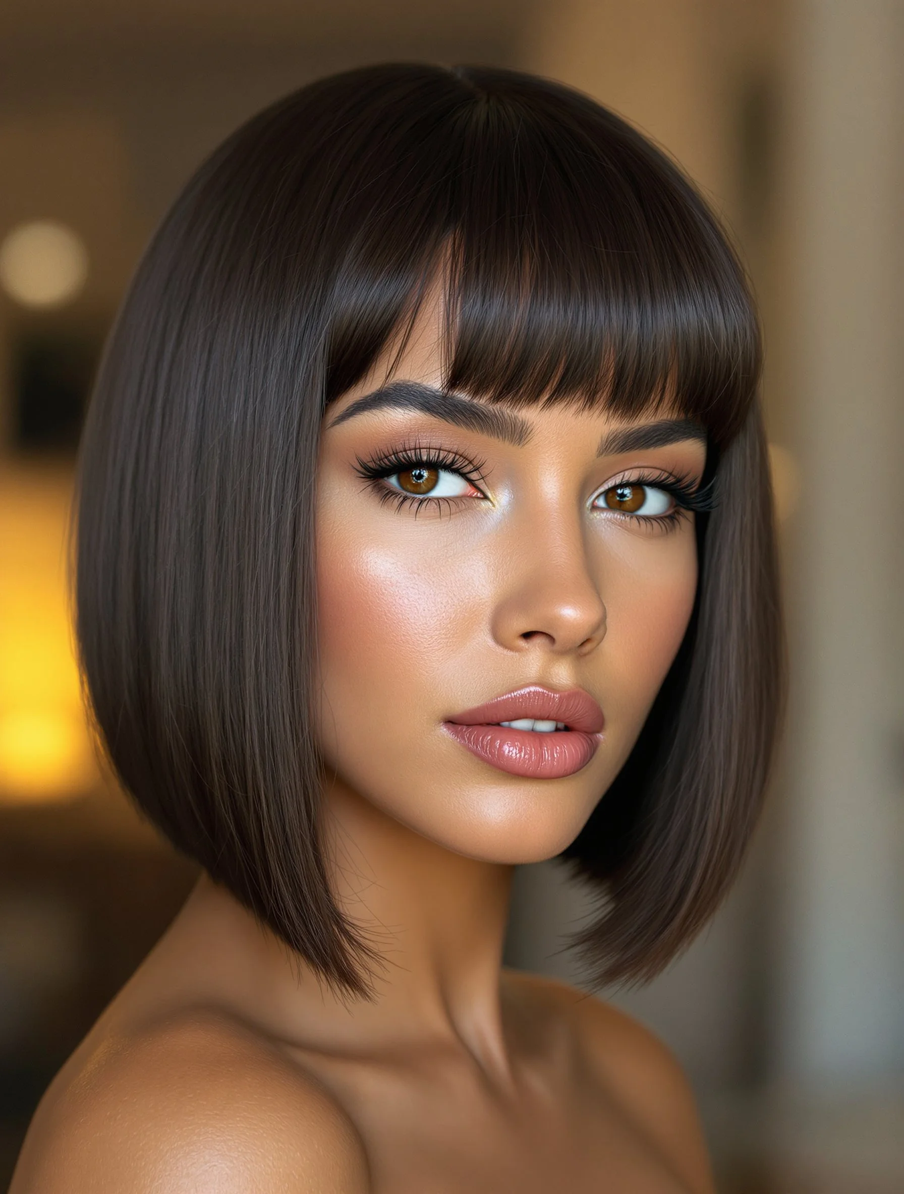Elegant blunt bob with bangs and shine