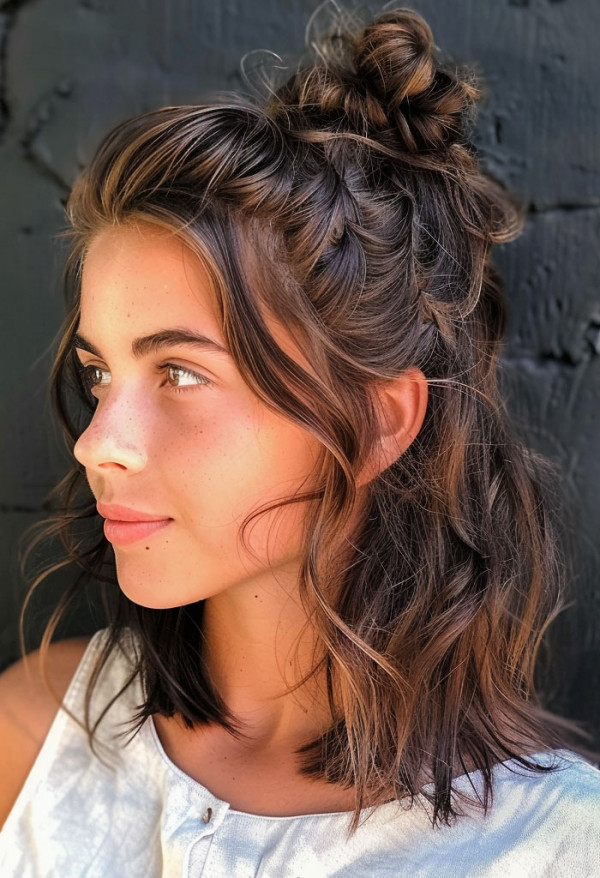 Bohemian half-up bob with braid