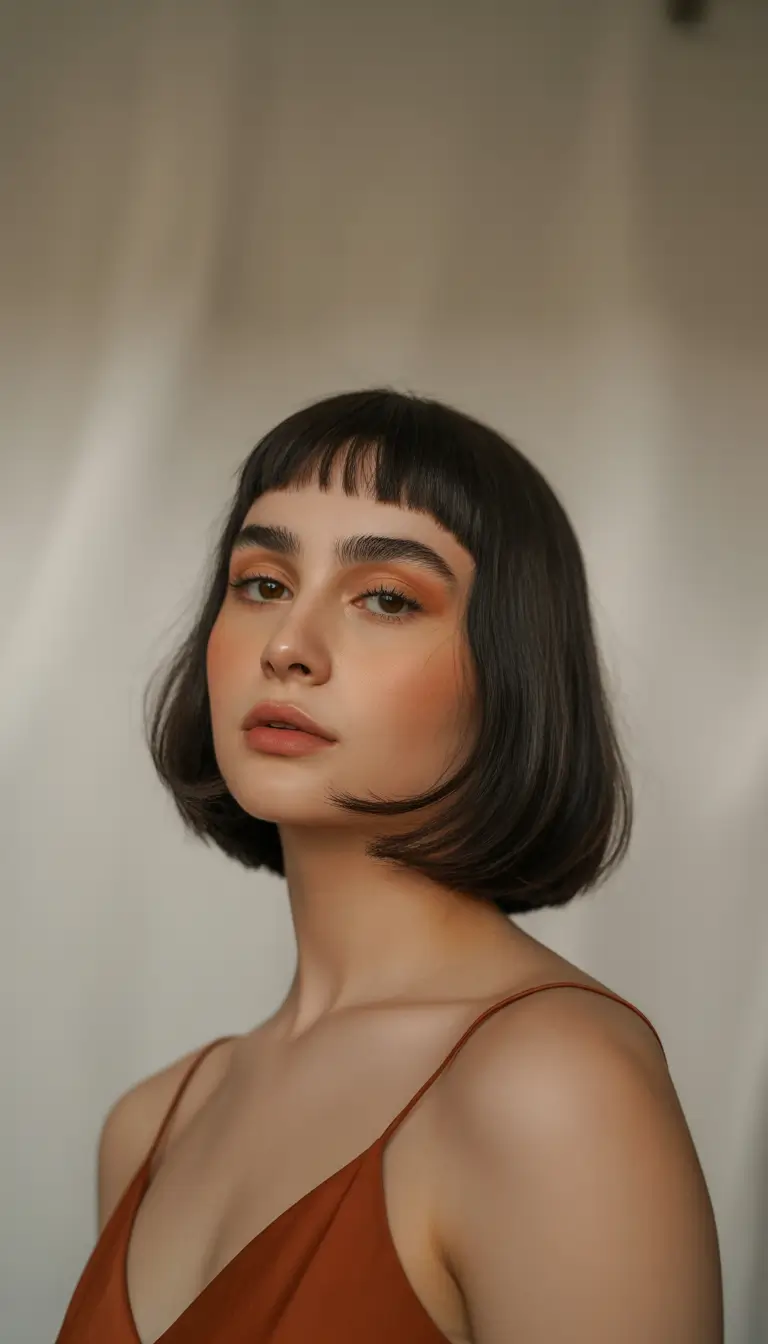 Blunt bob with micro bangs and sleek finish