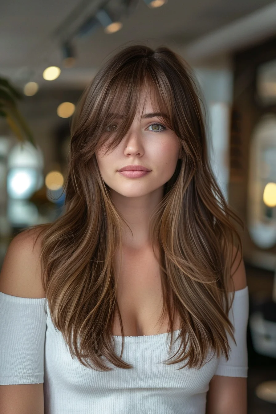 Soft natural side part with curtain bangs and waves