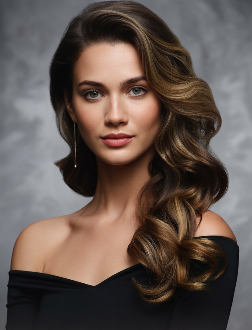 Glamorous waves with deep side part and volume