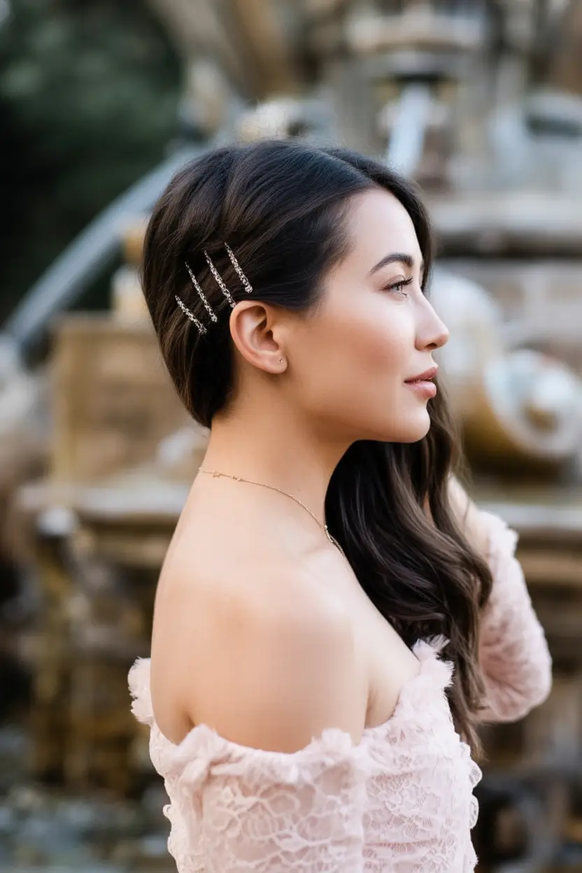 Sleek side part with embellishments and elegance