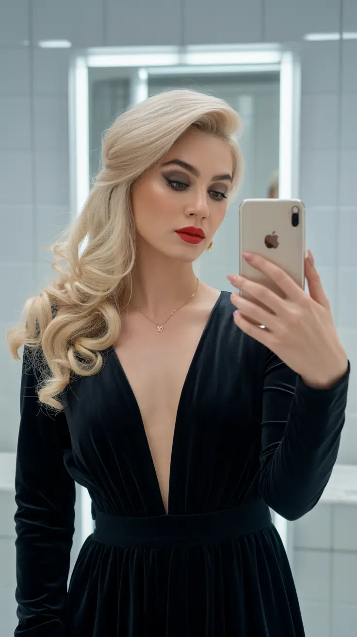 Glamorous side part with voluminous curls