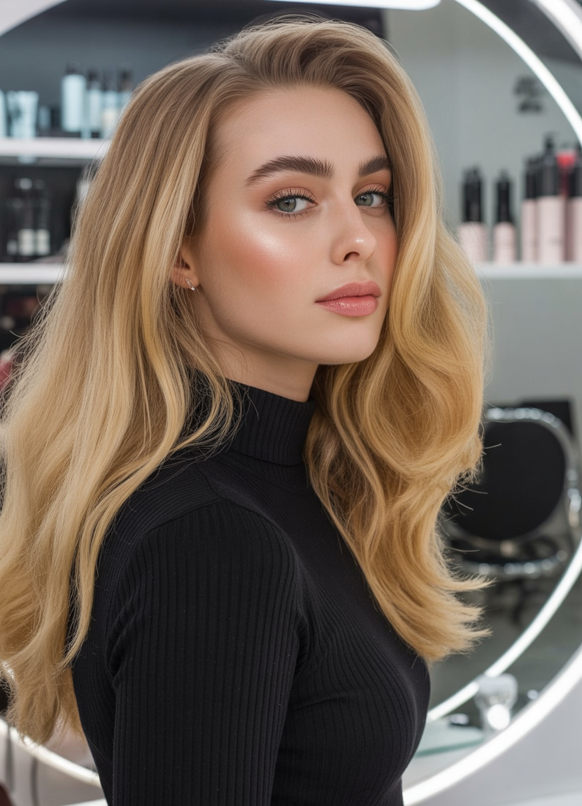 Sophisticated side part with soft waves and volume