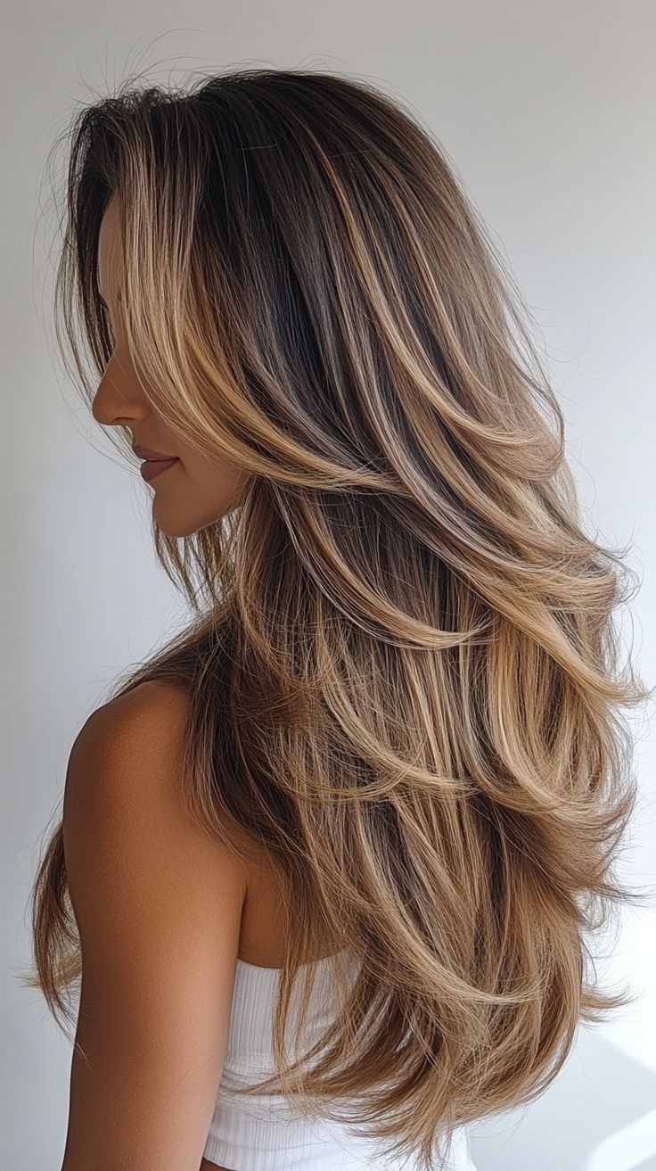 Layered side part with sunkissed highlights