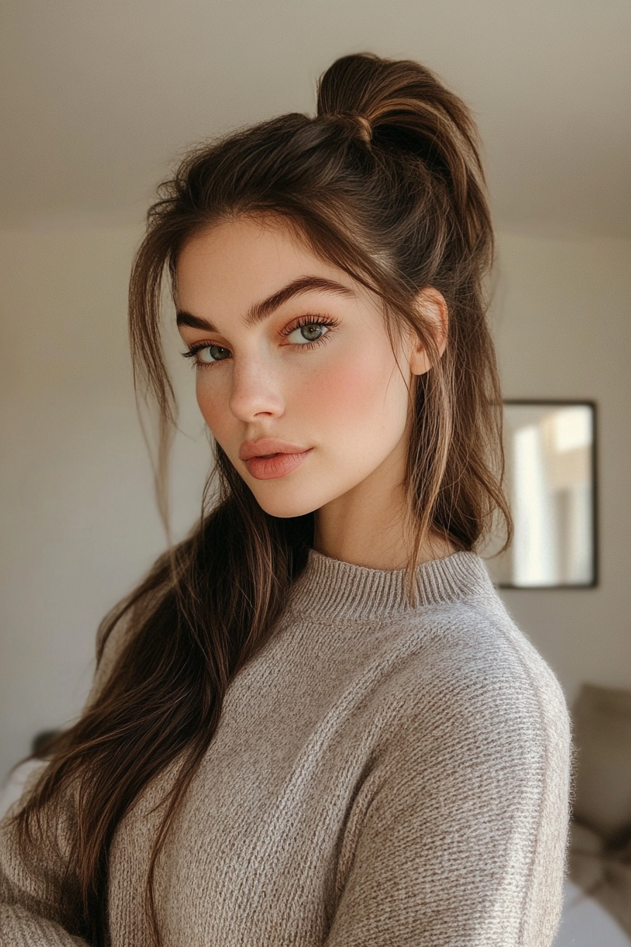 High ponytail with side part and volume