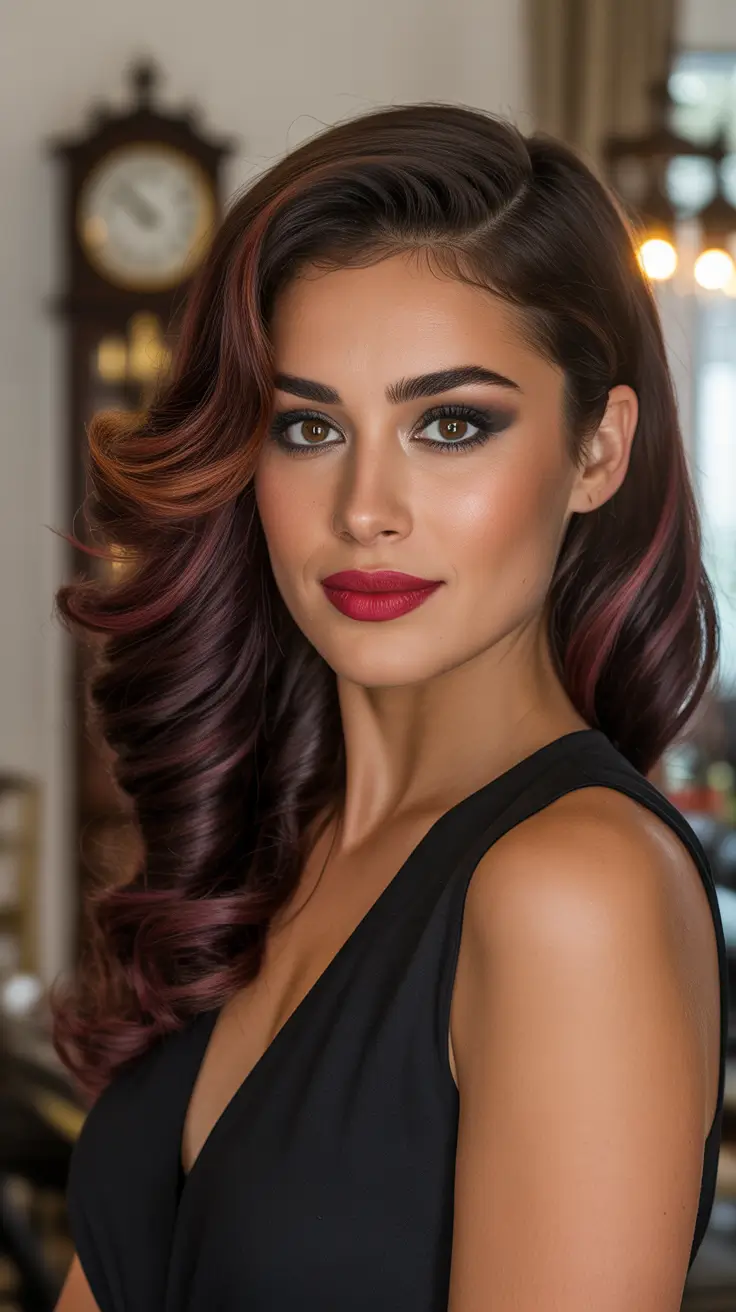 Defined curls with deep side part and color