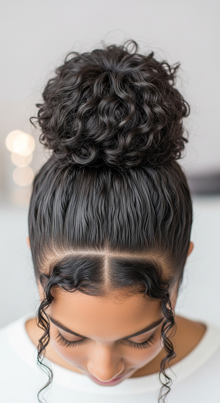 Curly top knot with defined curls