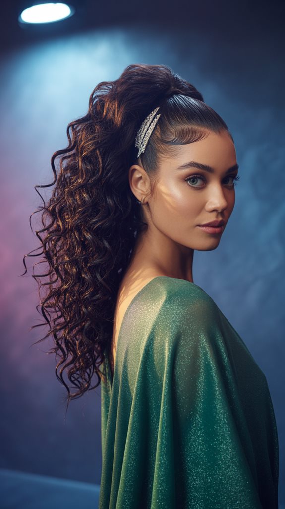 Elegant high ponytail with curls, evening style, sparkling hair accessories, sophisticated look.