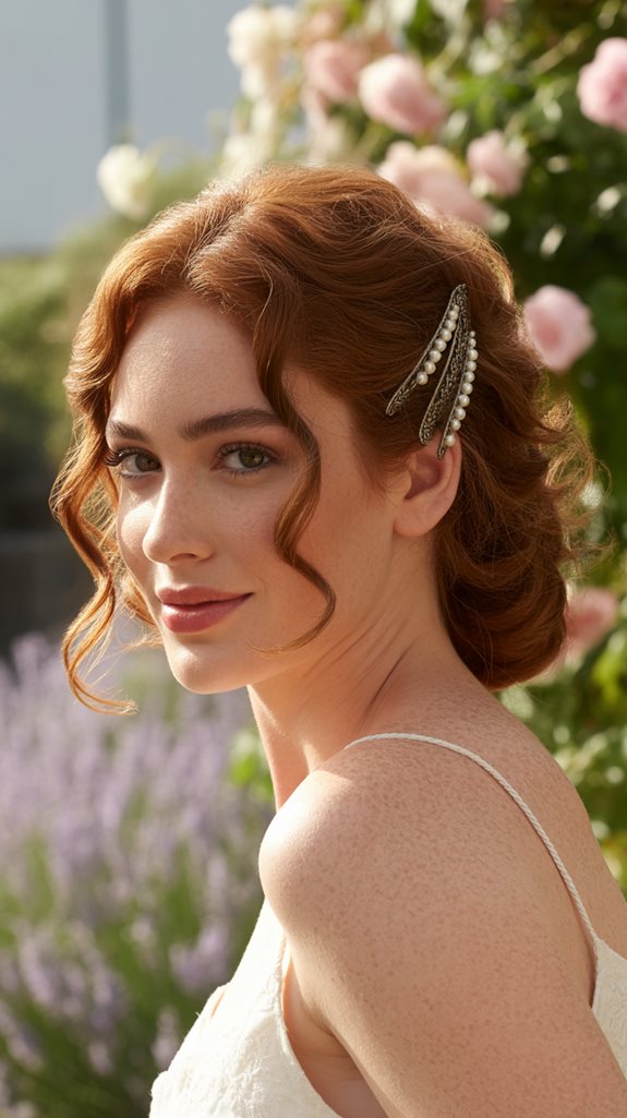 Bride with curly updo, delicate hair accessories, floral backdrop, romantic wedding style.