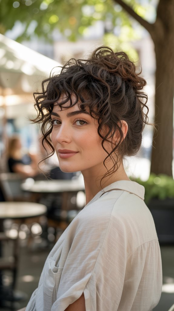 Casual curly updo, daytime look, relaxed and chic, street style with curly bangs.