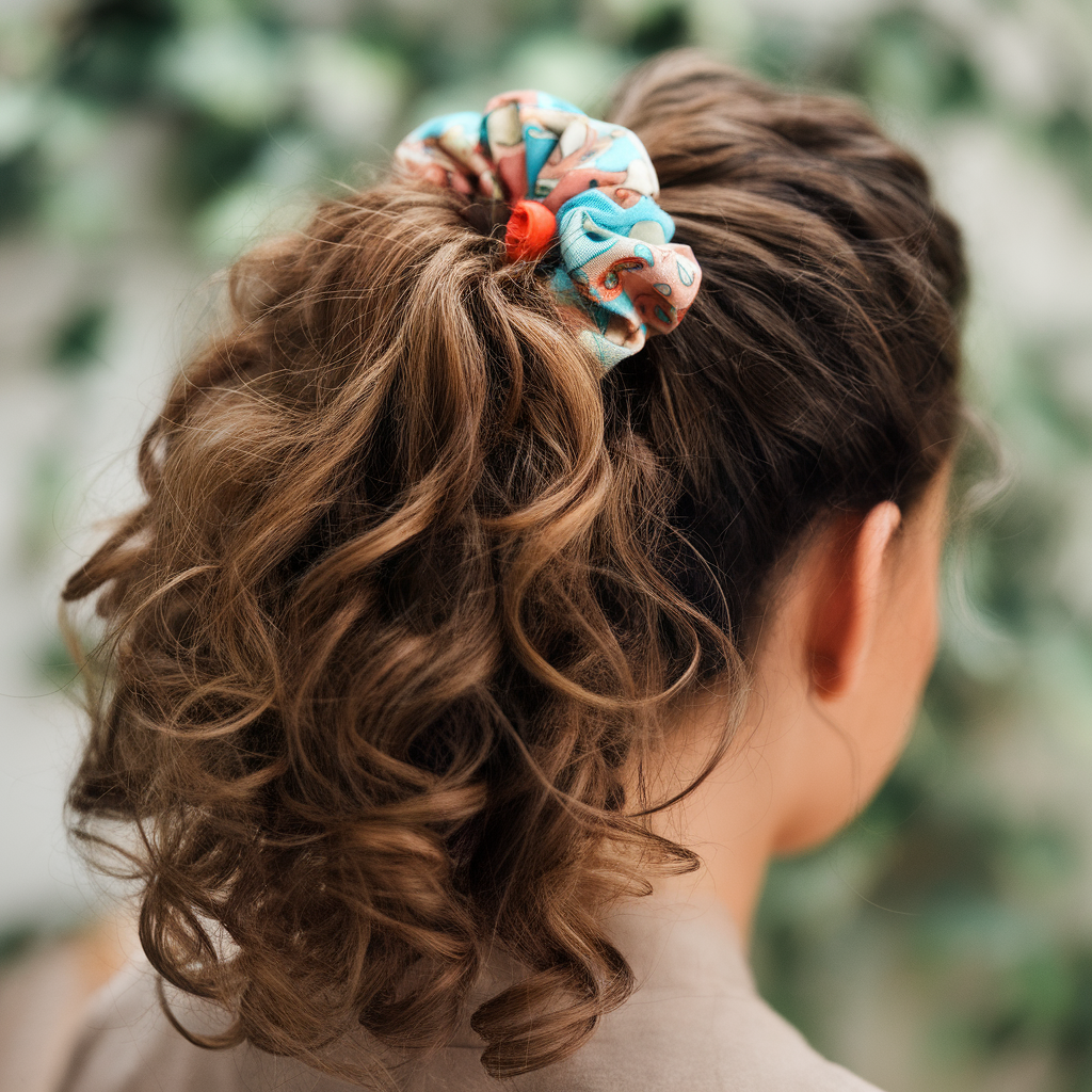 Curly ponytail with colorful scrunchie, playful, casual style, spring accessory.