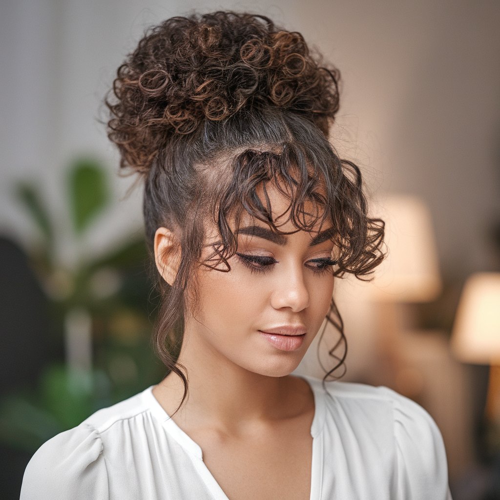 Curly bun with bangs, elegant style, textured updo, sophisticated occasion.