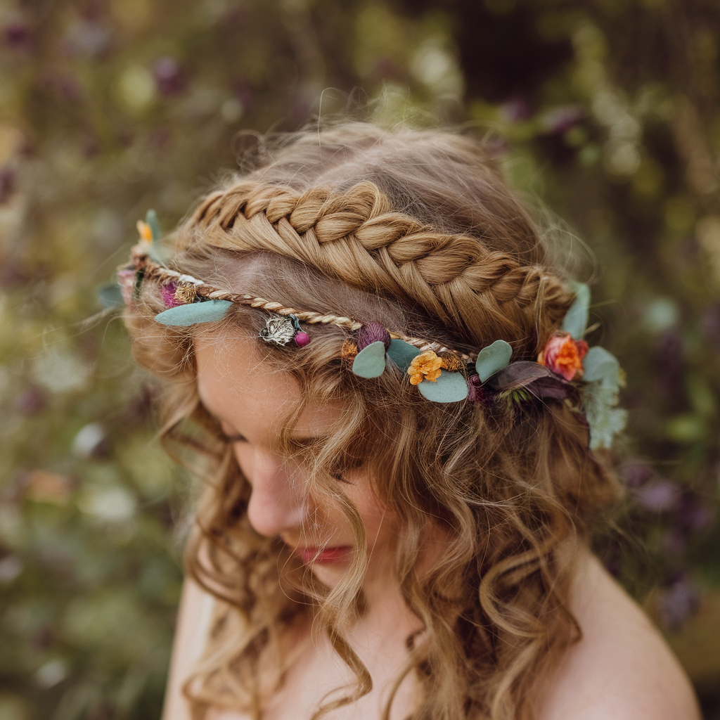 Boho curly hairstyle with floral braid, ethereal, nature-inspired, spring festival look.