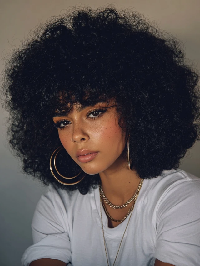 Voluminous natural afro curls, free-spirited, bold texture, iconic style.