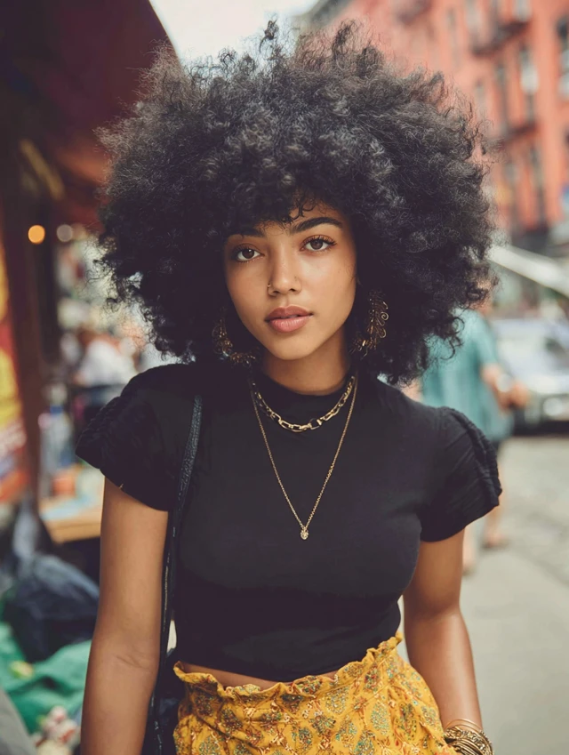 Street chic afro style, urban, bold fashion statement, textured curls.