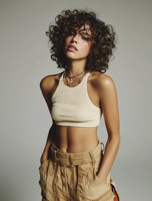 Effortless curly bob, modern, youthful energy, chic curls.