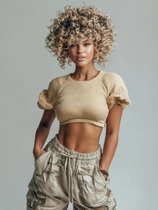 Textured curly crop, bold, dynamic curls, edgy style.