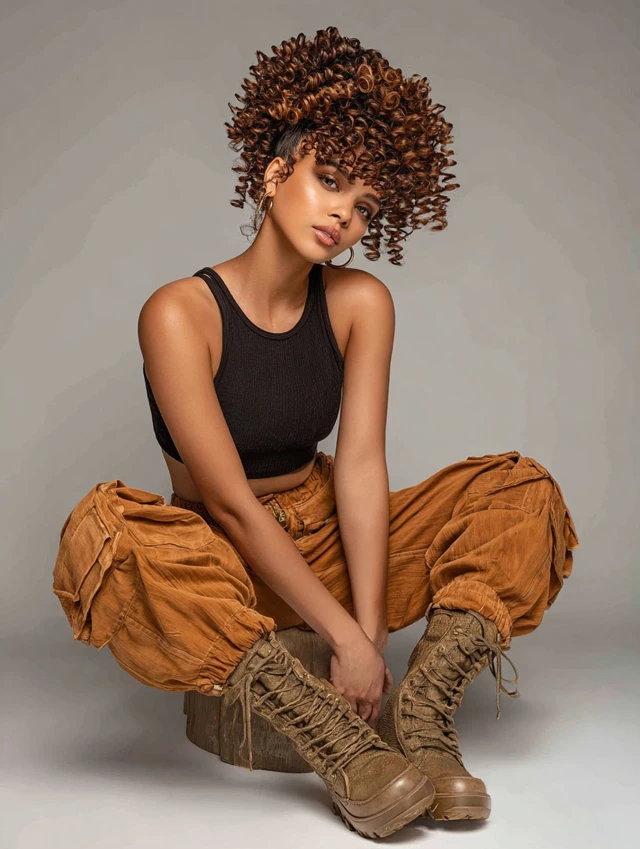 Spiral curls with playful volume, modern twist, vibrant and youthful style.