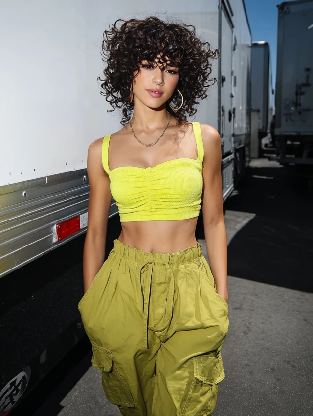 Curly shag haircut, effortless cool, textured and trendy, casual vibe.