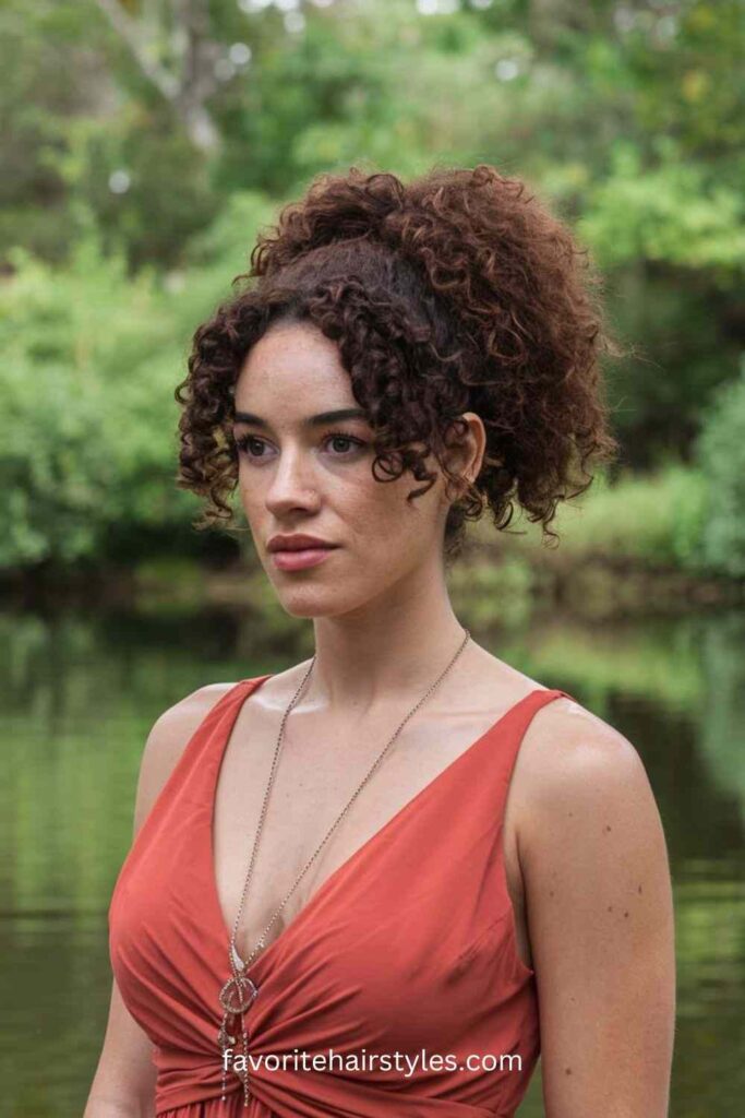 Natural curly ponytail, effortless beauty, relaxed and chic style.