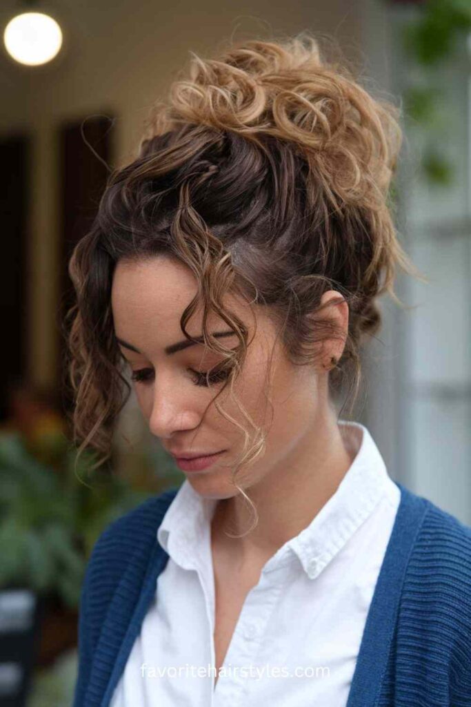 Textured curly updo, elegant and sophisticated, intricate and polished.