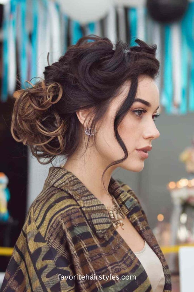 Textured curly bun, romantic and elegant, sophisticated updo.