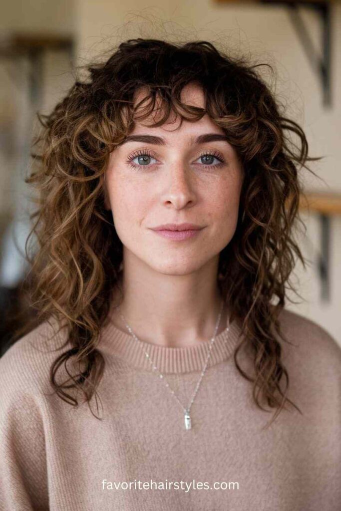 Casual curly fringe hairstyle, relaxed and chic, everyday style.
