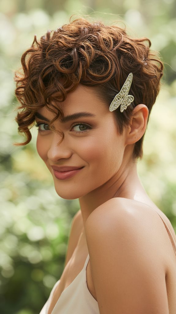 Chic curly pixie cut, modern and stylish, playful texture.