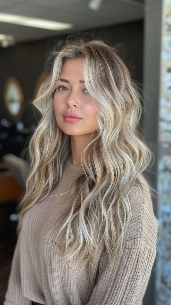 Beachy waves with cool blonde highlights, summer hair style, fresh appeal