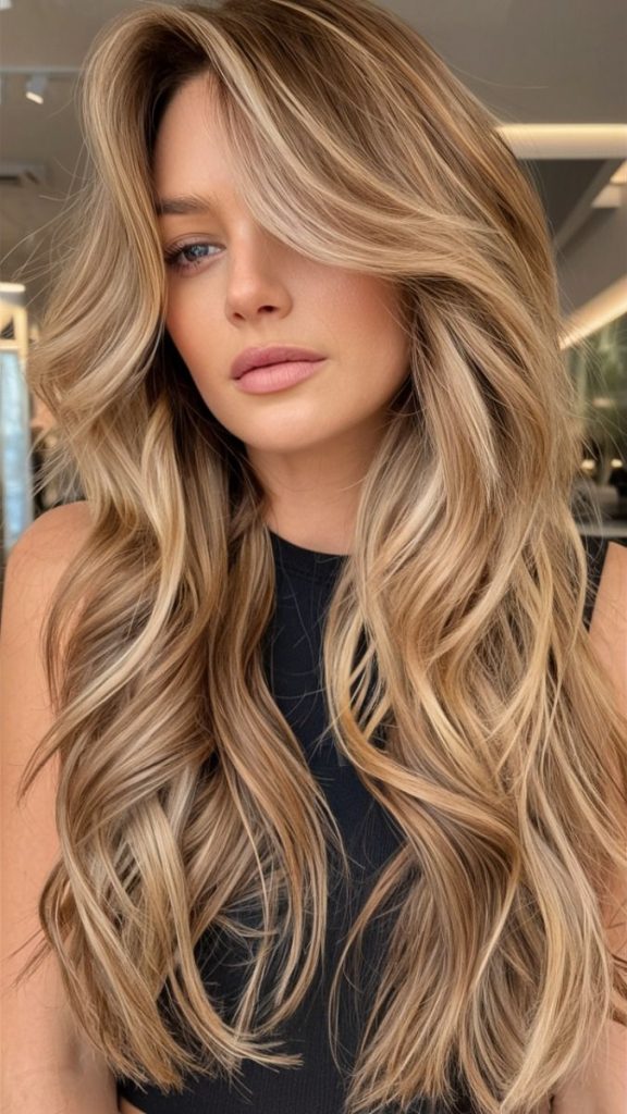 Rich caramel blonde with luscious curls, vibrant hair color, full-bodied style