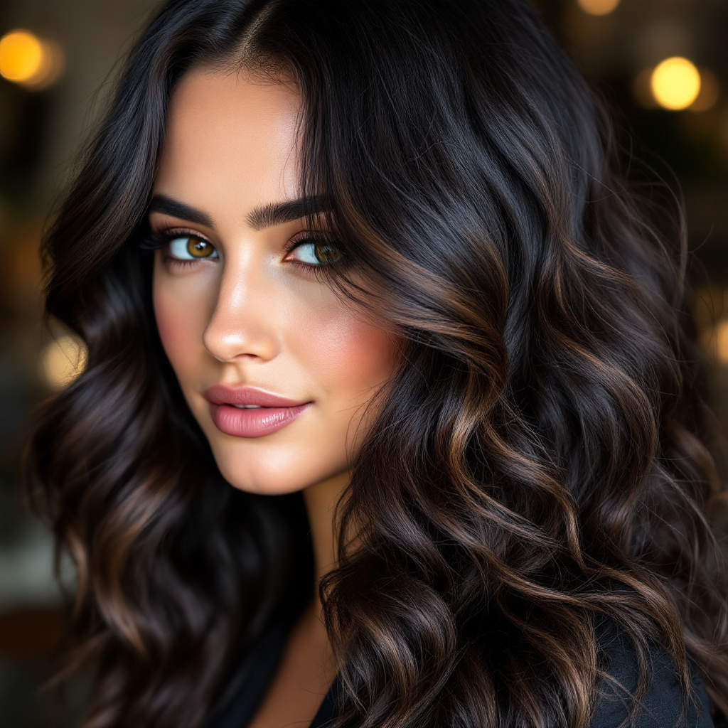 Rich espresso waves with glossy finish, luxurious hair color, deep brunette trend