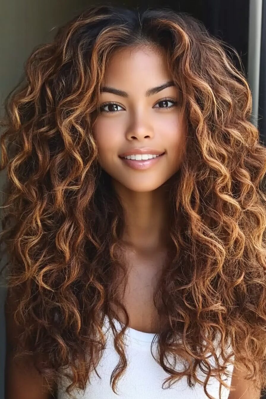 Vibrant copper curls with natural warmth, bold hair color, radiant texture